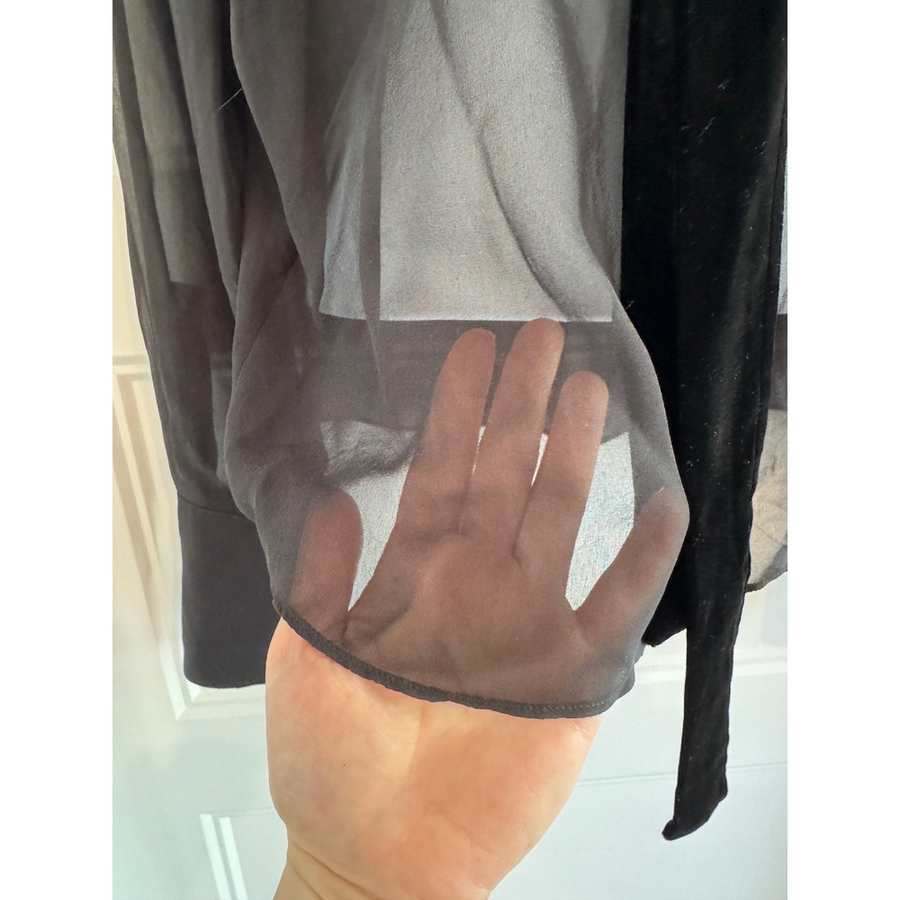 Frame Velvet Trim Modern Tie Blouse Black Sheer Silk Chiffon Small‎ - Picture 6 of 11